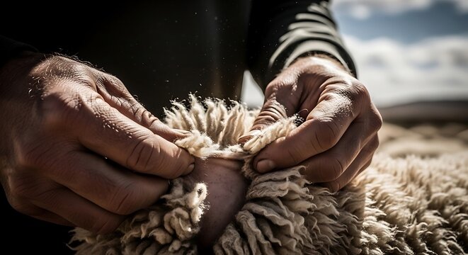 Hands examining raw wool texture on a sheep
