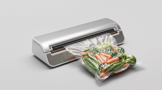 Modern vacuum sealer machine sealing fresh vegetables in plastic bag for food preservation and meal prep