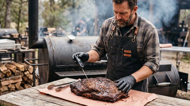Professional BBQ chef measuring smoked beef brisket temperature with digital thermometer at outdoor smokehouse