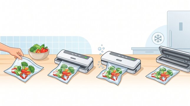 Vacuum food preservation process infographic showing steps to seal fresh vegetables for freezer storage