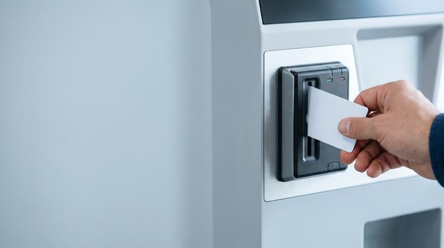 hand inserting blank white card into atm terminal slot technology photo