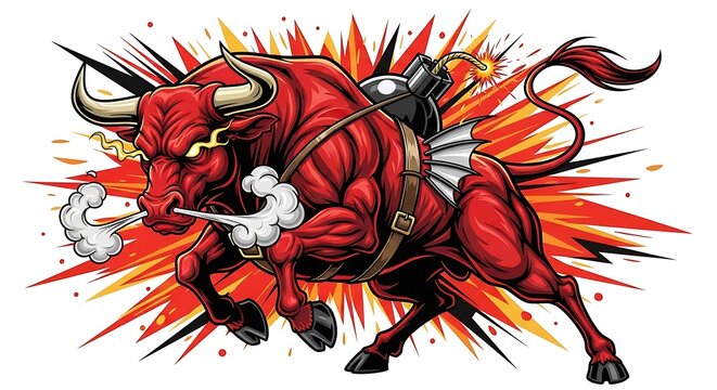 Angry red bull charging with a bomb and explosion