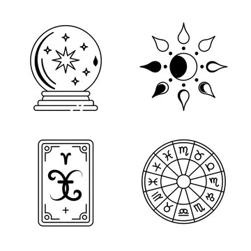 Set of four esoteric astrology featuring a crystal ball, sun and moon phase, tarot card, and a detailed zodiac wheel chart
