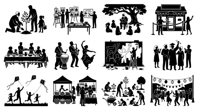Black Silhouette Juneteenth Heritage Collection with Twelve Unique Community Family and Cultural Festival Scenes