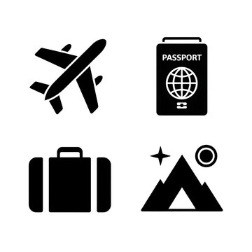 Set of four travel and adventure featuring an airplane, a passport document, a travel suitcase, and a mountain peak with sun and star