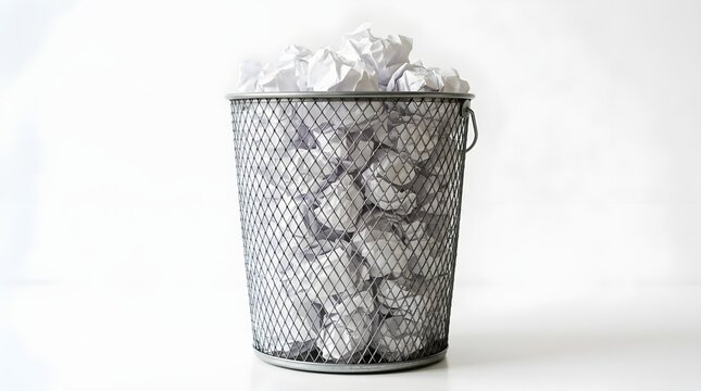 A metal trash can filled with crumpled paper placed on a plain white background for waste disposal and recycling concept