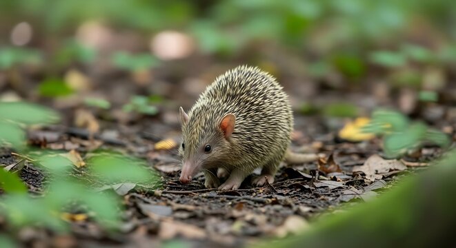 Small shrew foraging among leaves on a damp forest floor