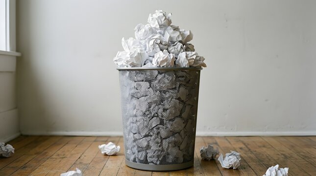 Large metal trash can filled with crumpled paper in a room with a wooden floor and plain wall creating a minimalist workspace atmosphere