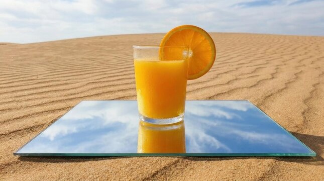 Orange juice glass on mirror in desert.