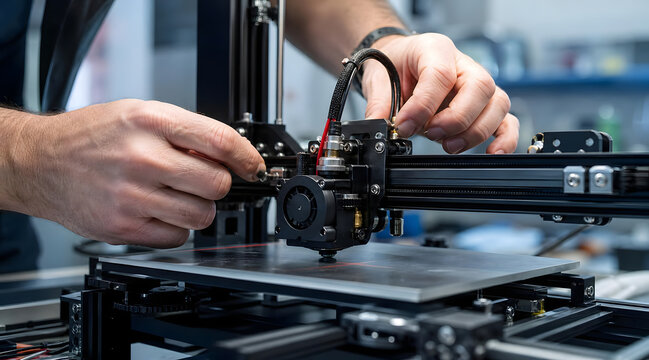 Person assembling or adjusting the print head and components of a 3D printer in a workshop.