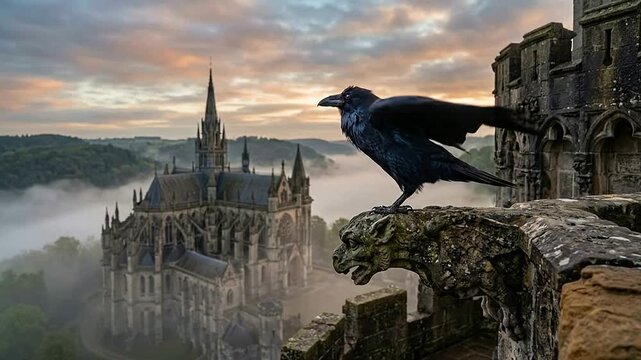 Majestic Raven Perched Above an Enchanted Castle at Sunset