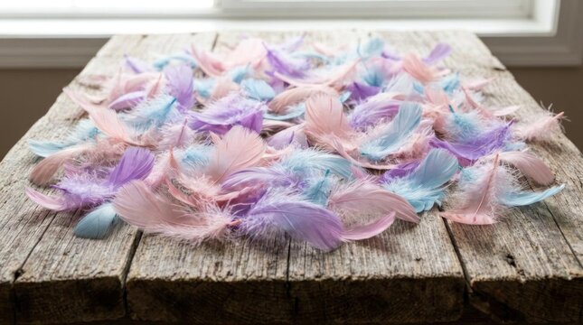 Pastel feathers on aged wooden surface.