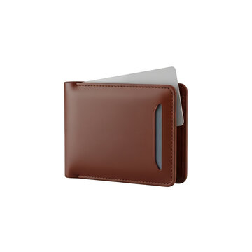 Brown leather wallet with white card inside isolated on clear.