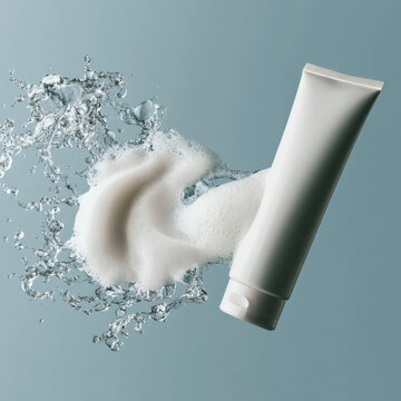 White tube shampoo with foamy lather and water splash, clean minimal design, refreshing and hydrating hair care concept