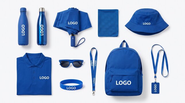 Blue Promotional Branding Merchandise Mockup Set on White Background