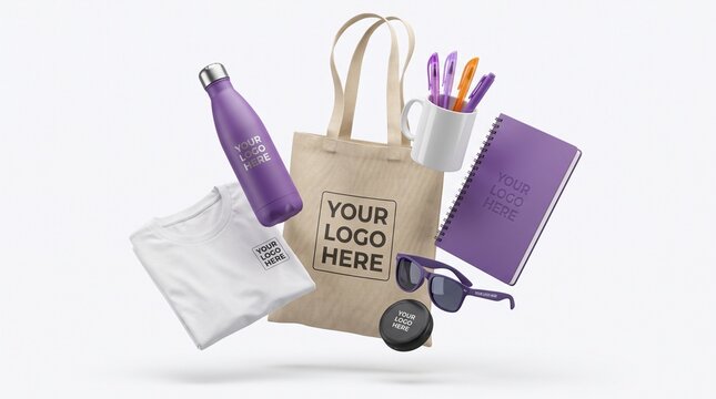 Floating Promotional Branding Merchandise Mockup Set on White Background