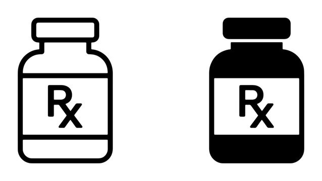 Prescription Pill Bottle Icons, Medical Pharmacy Container Symbols, Healthcare Drug Packaging Graphics, Black and White Vector Set