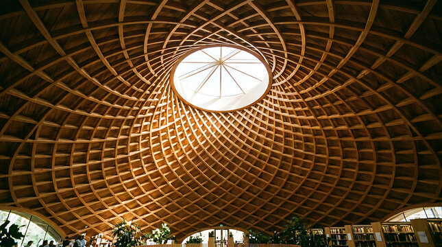 Intricate Wooden Dome: A stunning geodesic dome ceiling constructed from natural wood beams, featuring a central skylight, creates a breathtaking architectural spectacle that draws the eye upward.