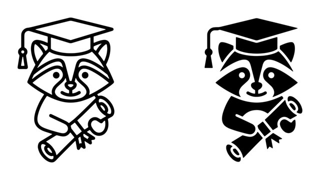 Graduation Raccoon Vector Icons: Cute Animal Character with Diploma, Academic Achievement Symbol, Education Graduate Mascot, Black and White Outline and Solid Fill Styles