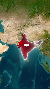 India Country Highlighted on World Map, Vertical 3D Satellite Zoom In Animation