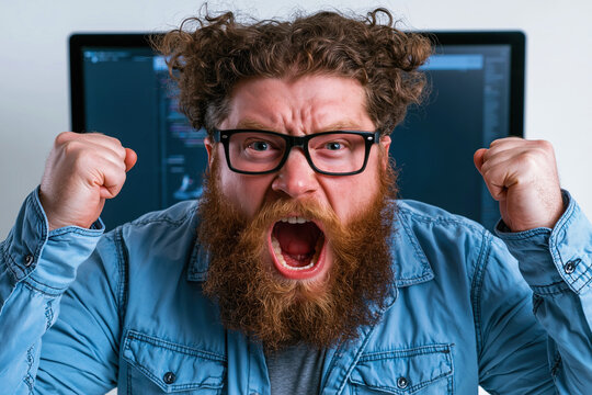 Developer Expressing Frustration with Open Mouth in Front of Computer