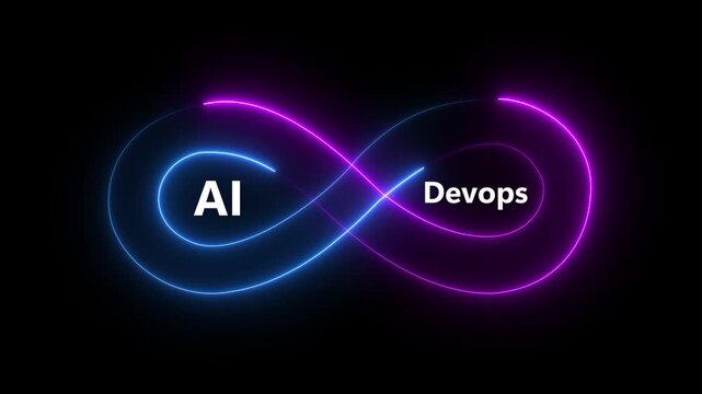 Futuristic AI and Dev Ops infinity symbol glowing blue on a digital circuit board on alpha transparent background.