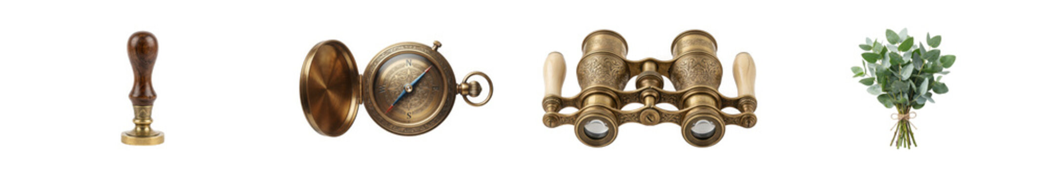 Set of various vintage items for home decor isolated on transparent background.
