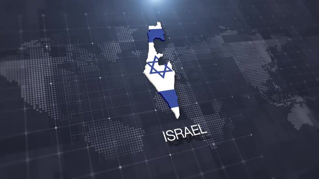 Israel map with national flag on digital world map background, geographic border, global political and international news concept