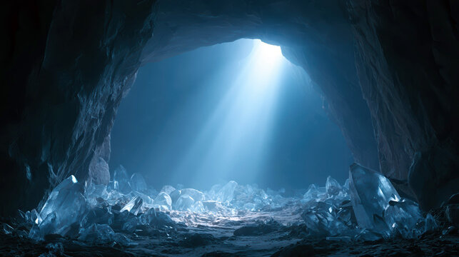 Illuminated Cavern with Giant Natural Crystals and Light Rays