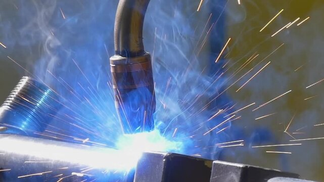 In this mesmerizing display, watch an industrial argon welding robot create vibrant blue sparks and swirling smoke. The intricate details reveal the beauty of precision and engineering at work.