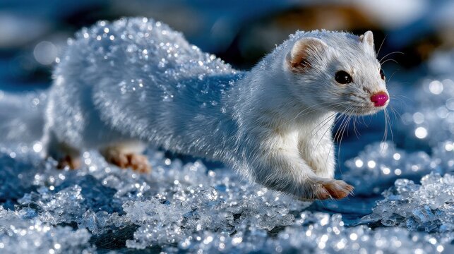 Wild Weasel Moves Across Icy Snow in Morning Light