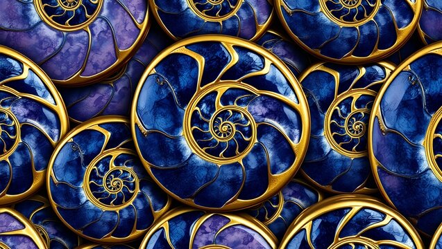 Luxurious Surreal Ammonite Spiral Pattern with Lapis Lazuli and Charoite Inlaid in Brass