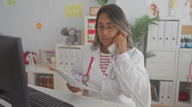 Middle age woman doctor in white coat holds phone to ear and reads medical records at a pediatric clinic desk with stethoscope visible; compassionate care.