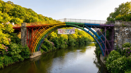 Fototapeta premium Rainbow painted bridge with unity banner spanning river.