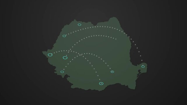 Romania Map with Location-to-Location Signal Connection Animation, GPS Navigation and Digital Network