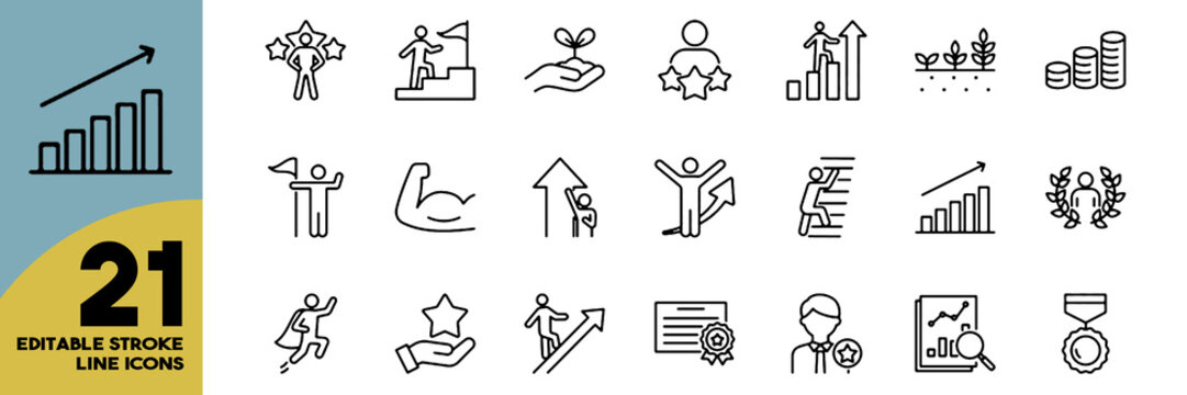 Business Growth Career Success and Leadership Outline Icon Set with Editable Stroke Vector Illustration.