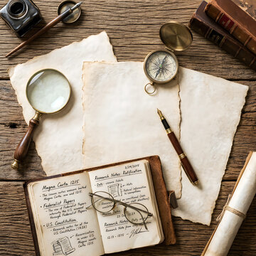 Vintage legal research desk with antique documents magnifier and compass.