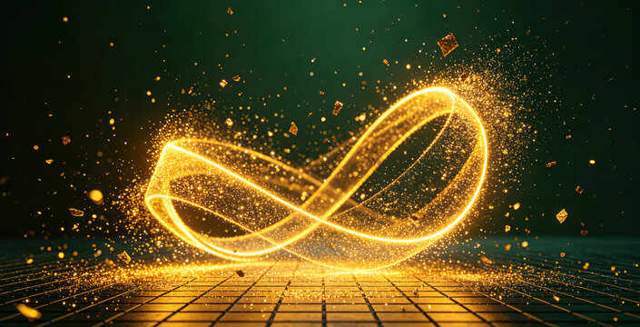 Glowing golden infinity symbol made of glitter particle dust on dark backdrop