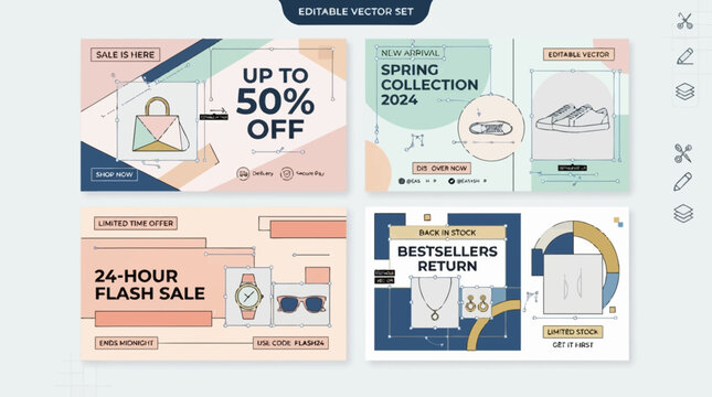 Collection of four modern graphic design templates for online retail promotions, featuring fashion items and sale announcements.