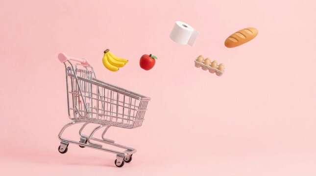 Shopping cart with groceries flying on pink background.