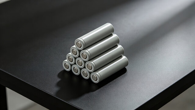 Pyramid stack of grey cylindrical lithium batteries on glossy black desktop
