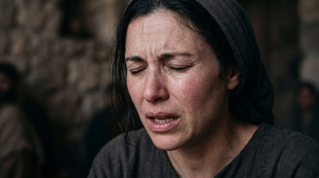 Hannah praying silently in the tabernacle with moving lips and no sound, while Eli the priest watches her suspiciously