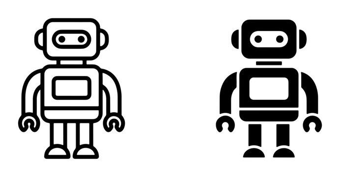 Retro Robot Icon Set, Vintage Android Character, Futuristic Machine, Simple Vector Art, Black and White Design