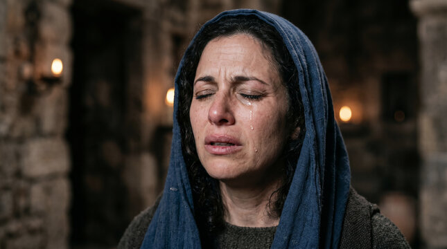 Hannah praying silently in the tabernacle with moving lips and no sound, while Eli the priest watches her suspiciously