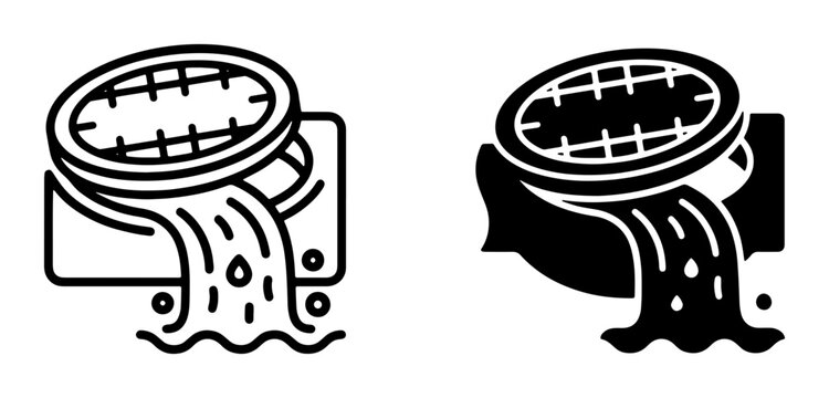 Drainage System Icons, Sewer Grate and Water Flow Vector Graphics, Urban Infrastructure Symbols