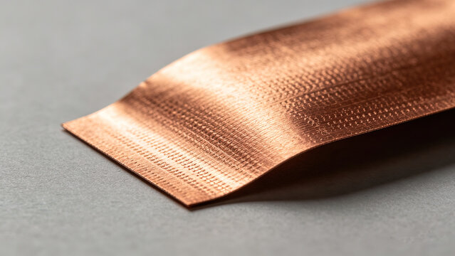 Curved textured copper metal foil close?up macro view