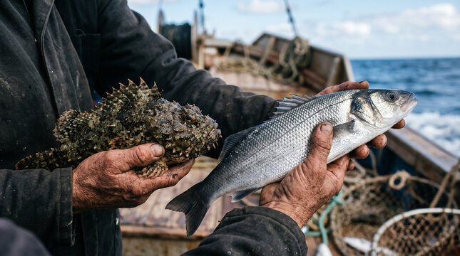 The Parable of the Net. Fishermen sitting on the shore, sorting a massive catch, keeping the good fish in baskets and throwing the bad away