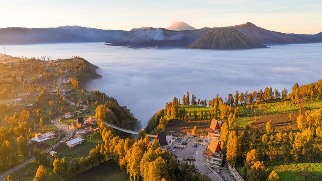 A breathtaking aerial view of Mount Bromo landscape in East Java, Indonesia, during sunrise. The scene features a sea of clouds covering the valley, surrounded by volcanic mountains, green farmlands, 
