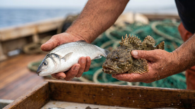 The Parable of the Net. Fishermen sitting on the shore, sorting a massive catch, keeping the good fish in baskets and throwing the bad away