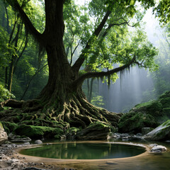 Fototapeta premium Ancient forest with massive tree, lush green foliage, sunlight rays, tranquil pond, mossy rocks, serene atmosphere, natural beauty